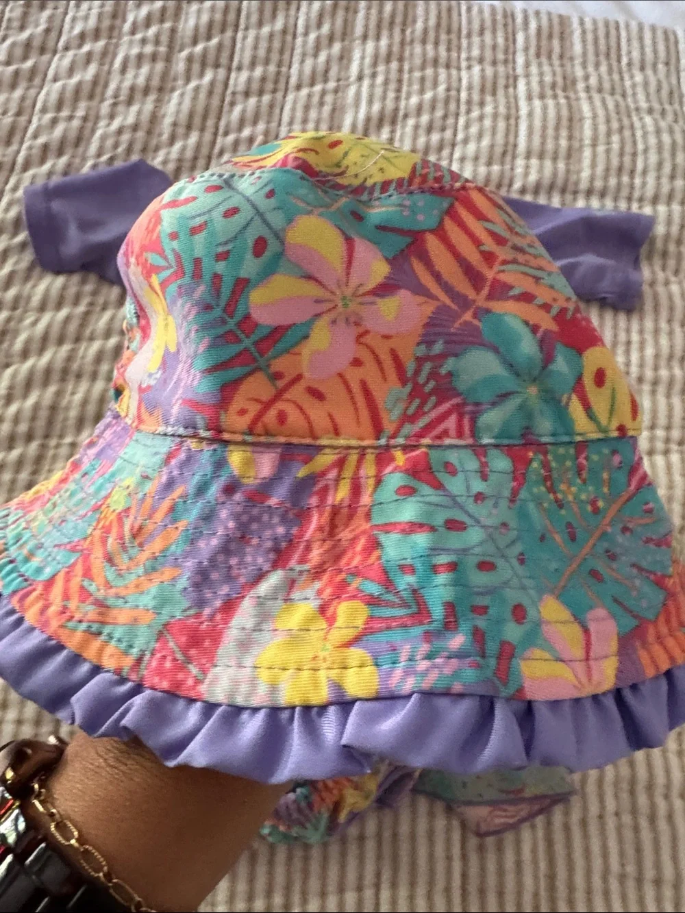 Purple Tropical Floral Girls Rashguard Swim Set with Hat